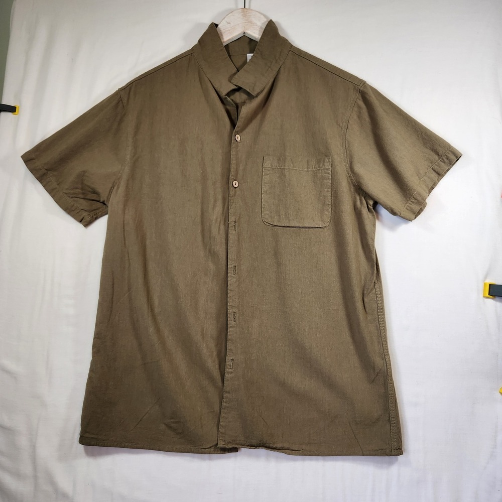 COOFANDY Mens Olive Green Cotton Linen Blend Short Sleeve Button Up Shirt Size M